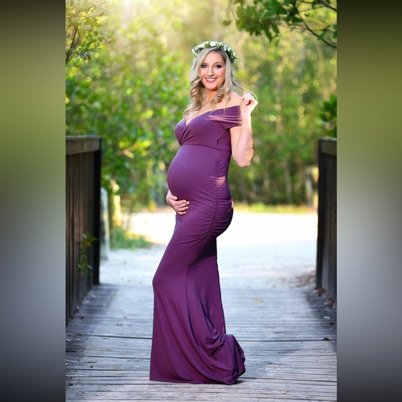 Purple Off Shoulder Maternity Gown with Train - Picture 2 of 2
